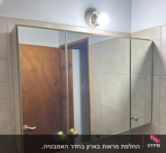 ארון מראה בחדר אמבטיה עם תאורה